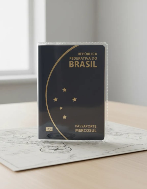 Porta documento com aba lateral para pass...